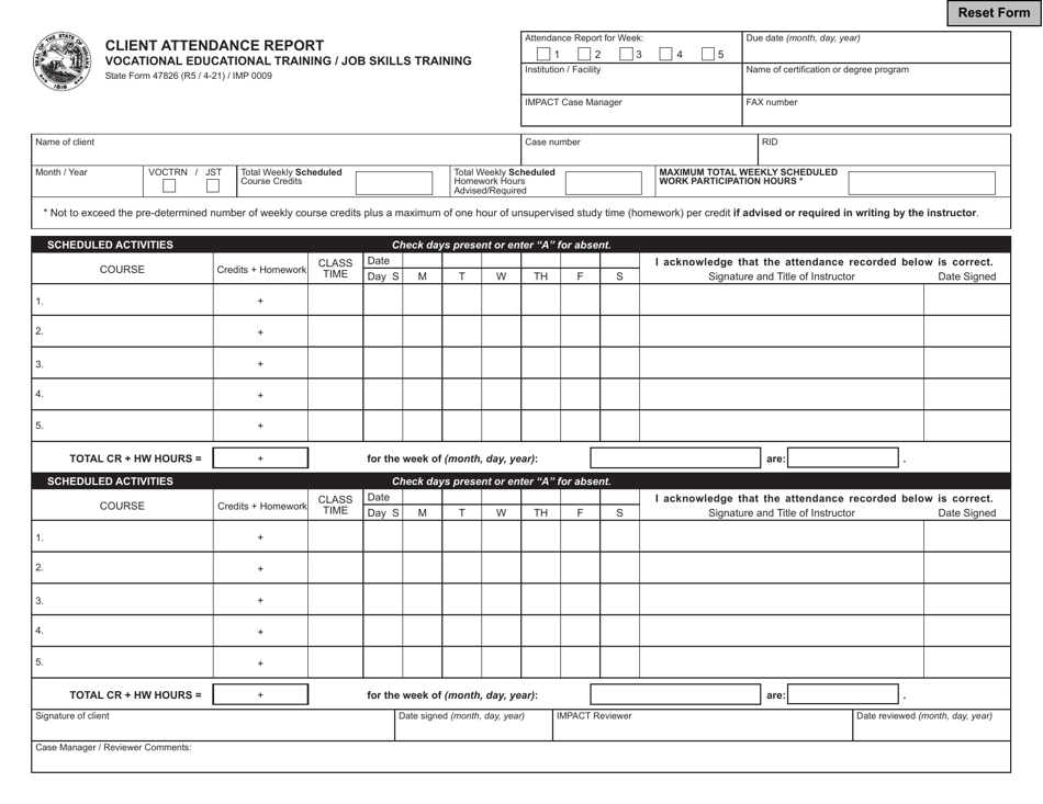 State Form 47826 (IMP0009) Client Attendance Report - Vocational Educational Training / Job Skills Training - Indiana, Page 1