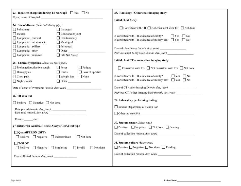 State Form 14058 Report of Tuberculosis - Indiana, Page 3