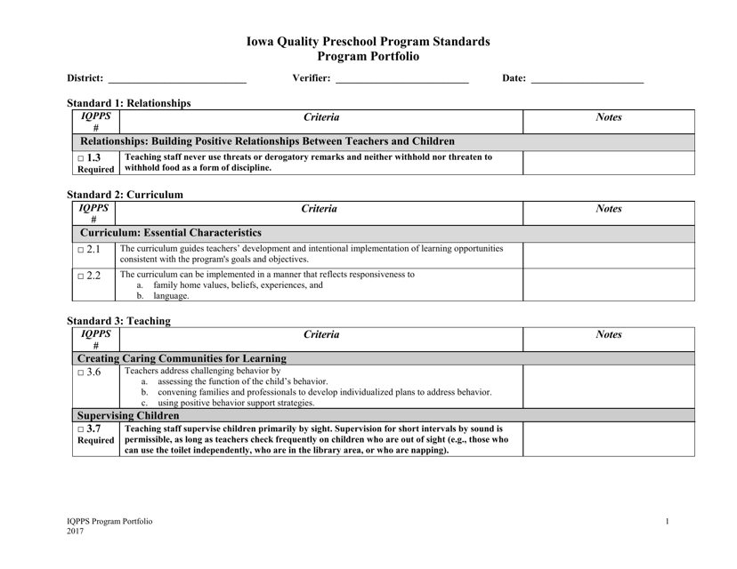 Iowa Quality Preschool Program Standards Program Portfolio Checklist - Iowa Download Pdf