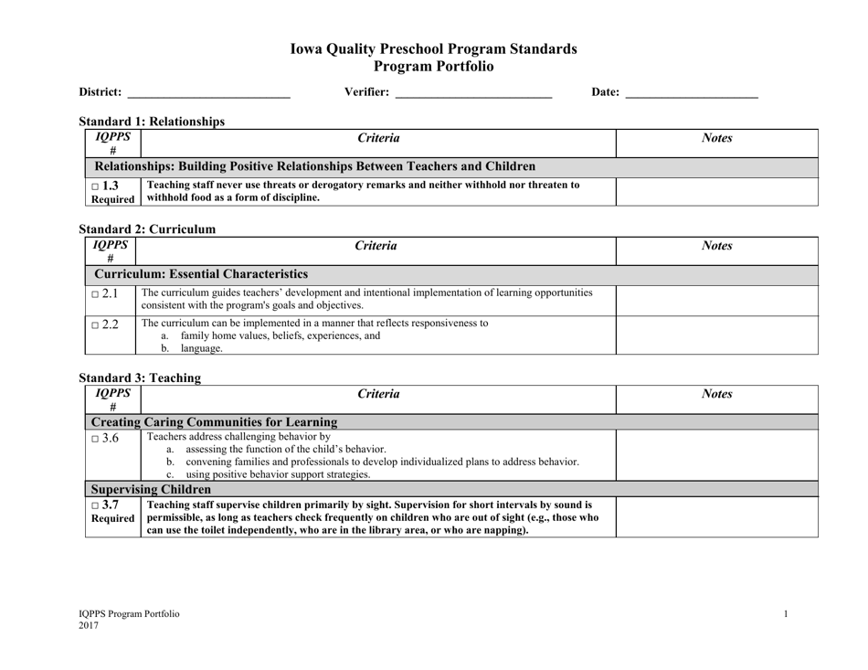 Iowa Quality Preschool Program Standards Program Portfolio Checklist - Iowa, Page 1