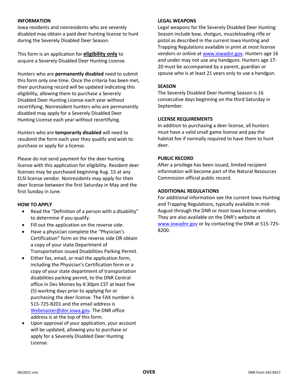 DNR Form 542-0417 Application for Eligibility to Acquire an Iowa Severely Disabled Deer Hunting License - Iowa, Page 2