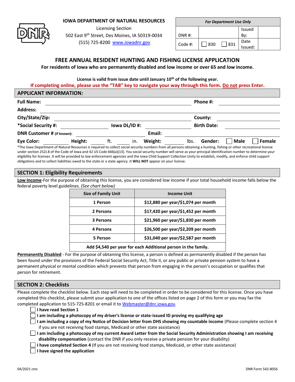 DNR Form 542-8056 Free Annual Resident Hunting and Fishing License Application - Iowa, Page 1