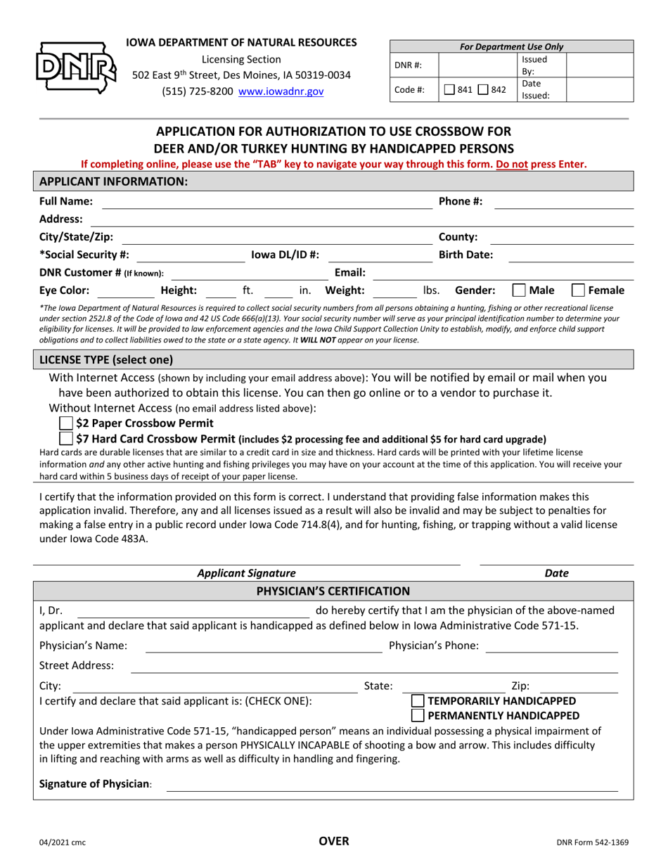 DNR Form 542-1369 Application for Authorization to Use Crossbow for Deer and / or Turkey Hunting by Handicapped Persons - Iowa, Page 1