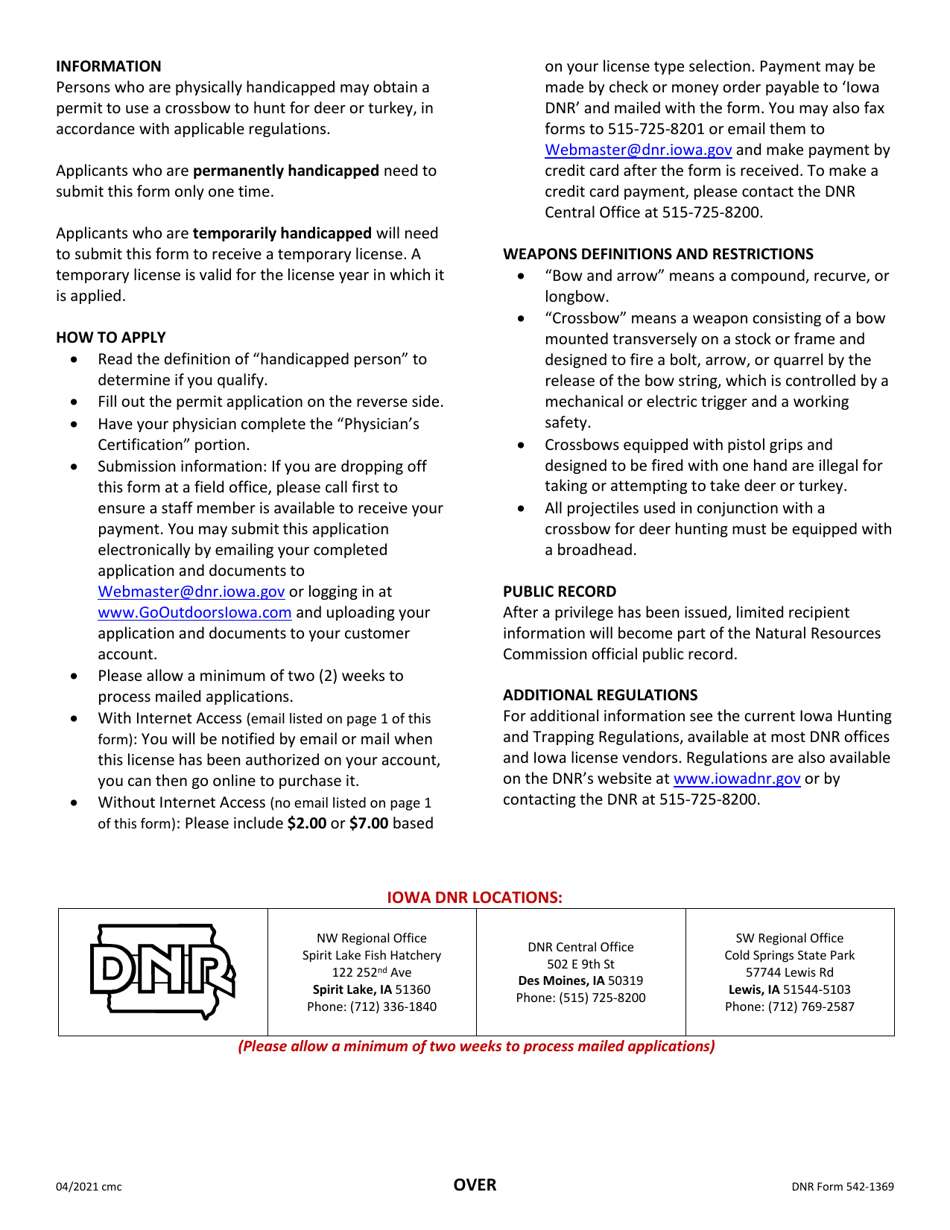 DNR Form 542-1369 Application for Authorization to Use Crossbow for Deer and / or Turkey Hunting by Handicapped Persons - Iowa, Page 2