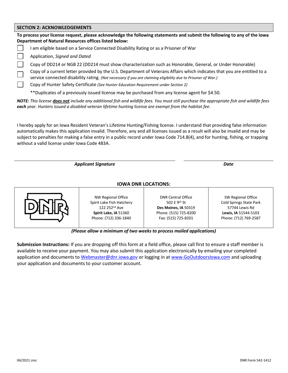 DNR Form 542-1412 Application for Iowa Lifetime Hunting / Fishing License for Resident, Disabled Veterans - Iowa, Page 2