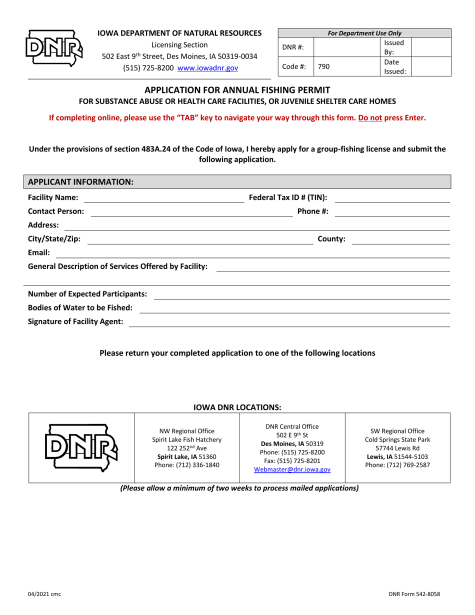 DNR Form 542-8058 Application for Annual Fishing Permit for Substance Abuse or Health Care Facilities, or Juvenile Shelter Care Homes - Iowa, Page 1
