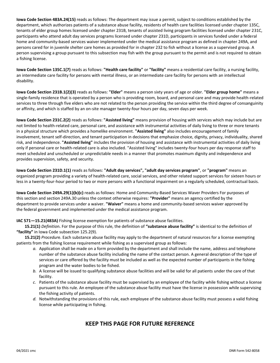 DNR Form 542-8058 Application for Annual Fishing Permit for Substance Abuse or Health Care Facilities, or Juvenile Shelter Care Homes - Iowa, Page 2