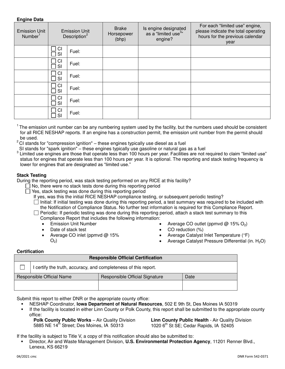 DNR Form 542-0371 Annual / Semi-annual Compliance Report for Compression Ignition (Ci) and Spark Ignition (Si) Engines - Iowa, Page 2