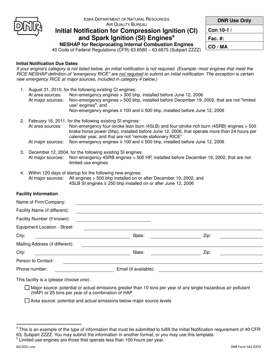 DNR Form 542-0370 Initial Notification for Compression Ignition (Ci) and Spark Ignition (Si) Engines - Iowa, Page 1