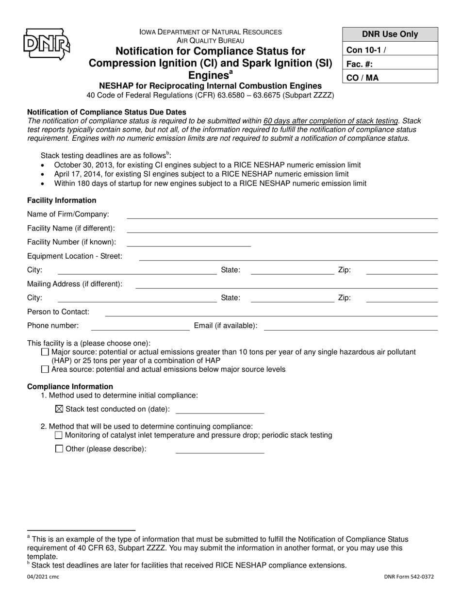DNR Form 542-0372 Notification for Compliance Status for Compression Ignition (Ci) and Spark Ignition (Si) Engines - Iowa, Page 1