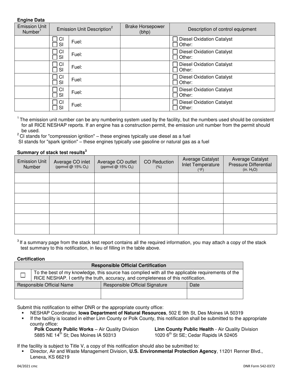 DNR Form 542-0372 Notification for Compliance Status for Compression Ignition (Ci) and Spark Ignition (Si) Engines - Iowa, Page 2