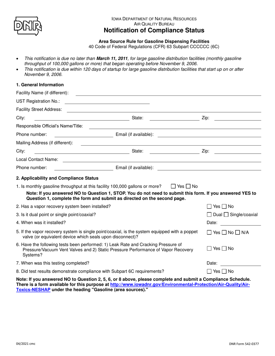 DNR Form 542-0377 Notification of Compliance Status - Iowa, Page 1