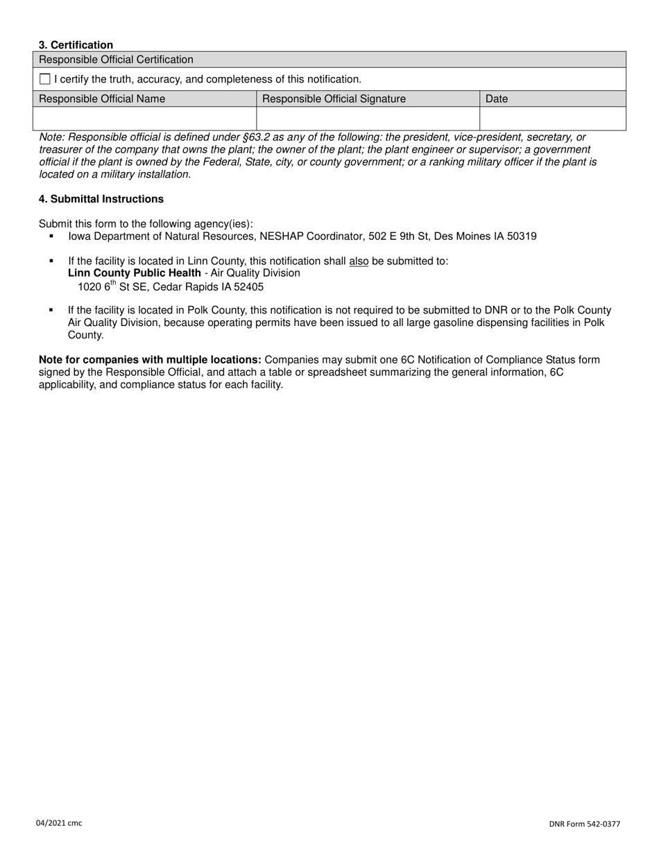 DNR Form 542-0377 Notification of Compliance Status - Iowa, Page 2