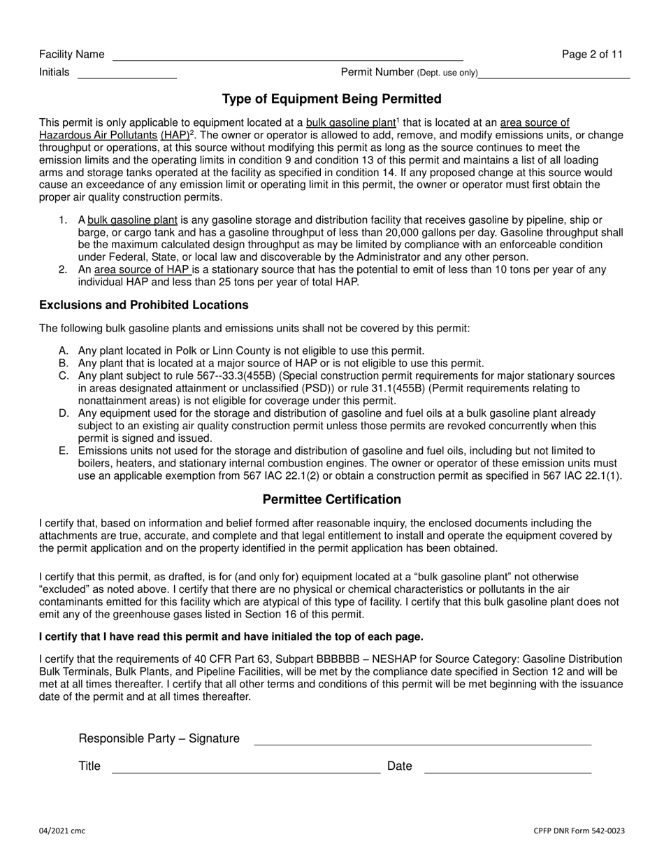 DNR Form 542-0023 Air Quality Construction Permit for a Small Bulk Gasoline Plant - Iowa, Page 2