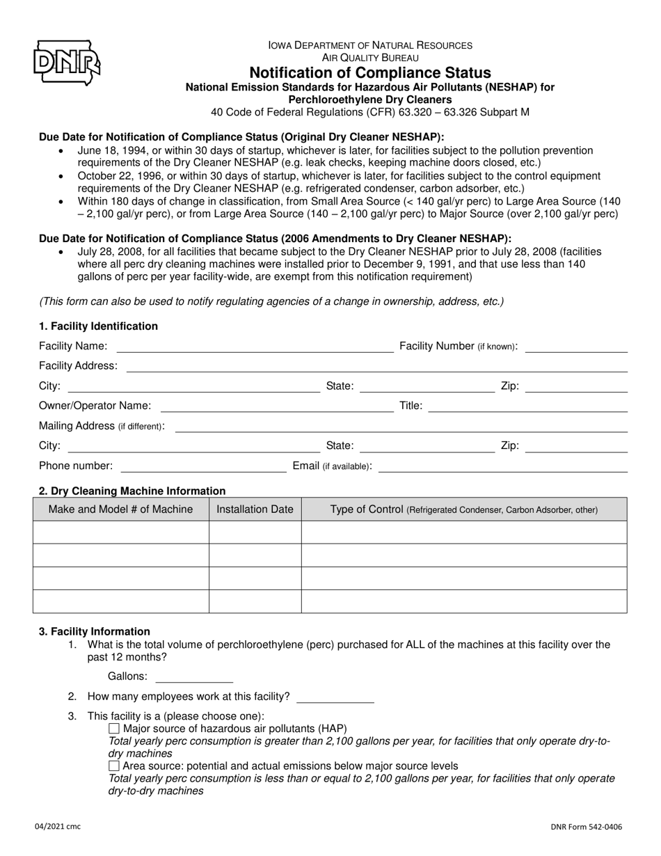 DNR Form 542-0406 Notification of Compliance Status - National Emission Standards for Hazardous Air Pollutants (Neshap) for Perchloroethylene Dry Cleaners - Iowa, Page 1