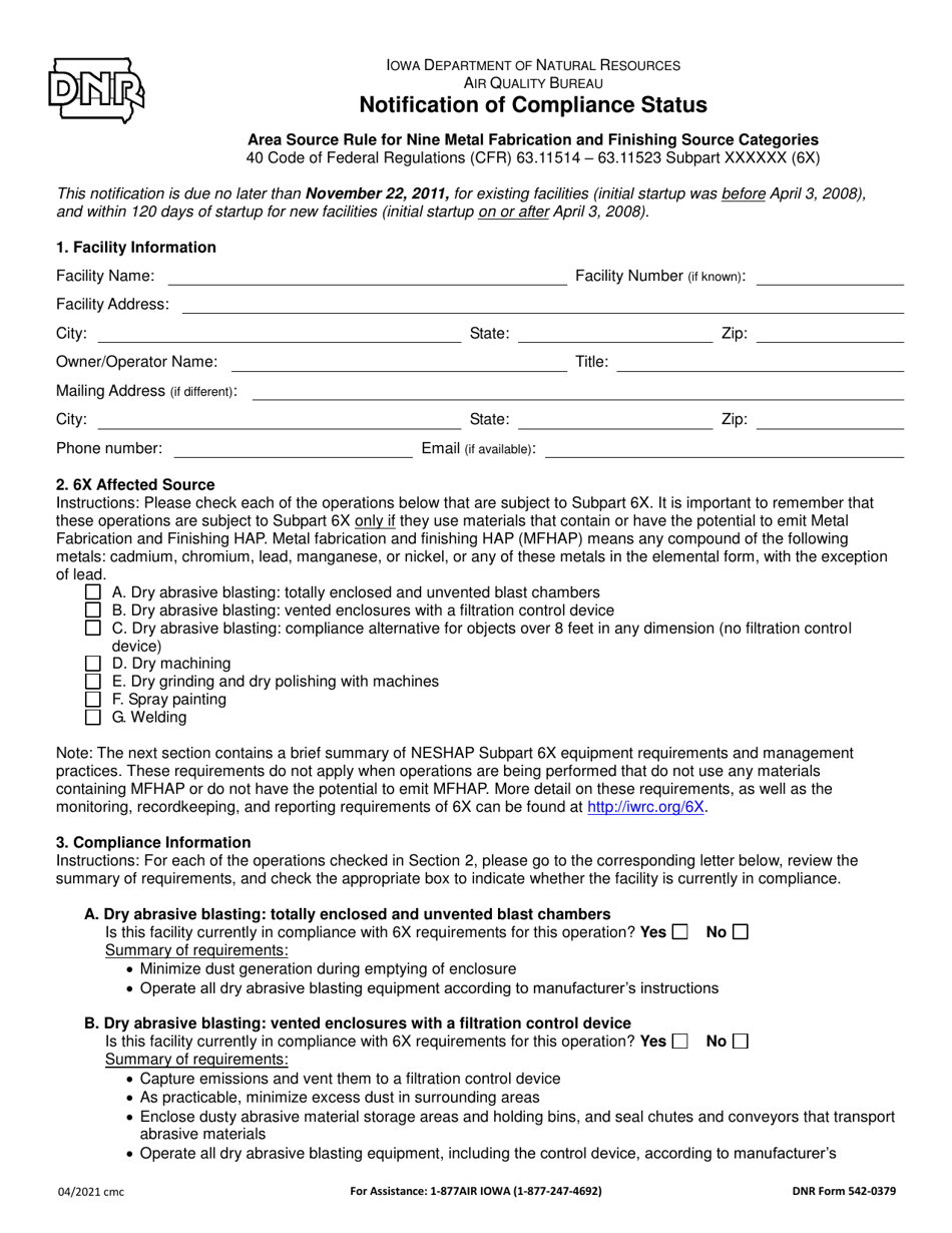 DNR Form 542-0379 Notification of Compliance Status - Area Source Rule for Nine Metal Fabrication and Finishing Source Categories - Iowa, Page 1