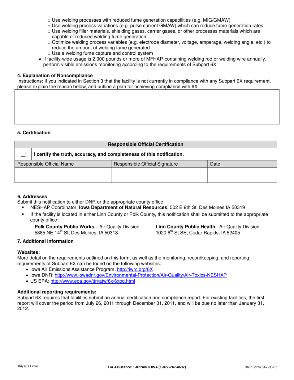 DNR Form 542-0379 Notification of Compliance Status - Area Source Rule for Nine Metal Fabrication and Finishing Source Categories - Iowa, Page 3
