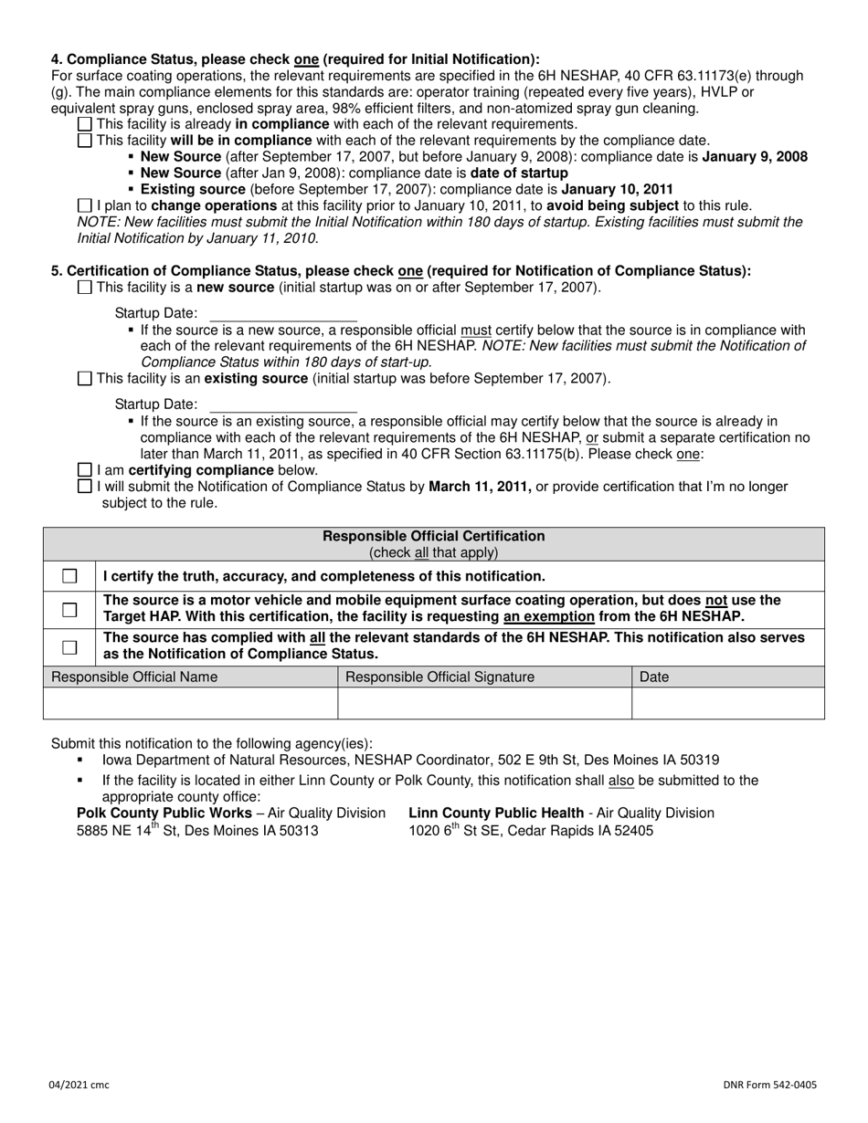 DNR Form 542-0405 Initial Notification / Notification of Compliance Status / Exemption Notification - Iowa, Page 2