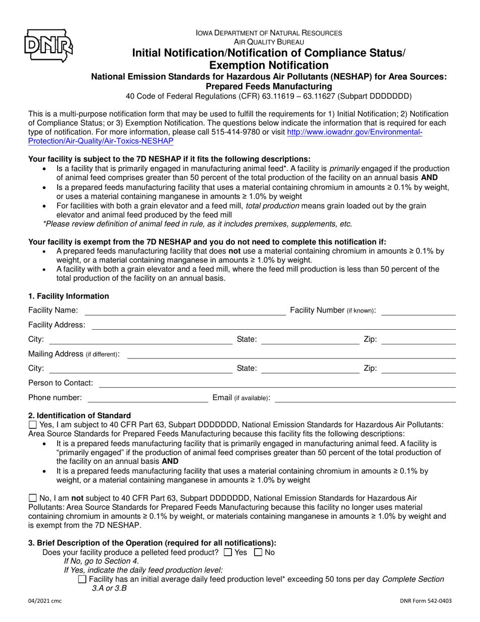 DNR Form 542-0403 Initial Notification / Notification of Compliance Status / Exemption Notification - National Emission Standards for Hazardous Air Pollutants (Neshap) for Area Sources: Prepared Feeds Manufacturing - Iowa, Page 1