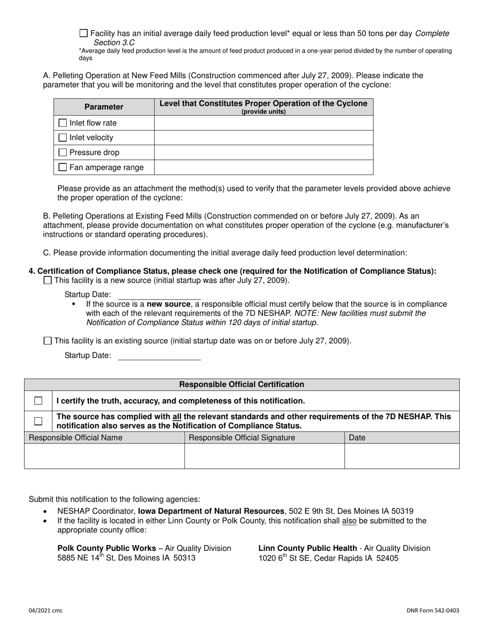 DNR Form 542-0403 Initial Notification / Notification of Compliance Status / Exemption Notification - National Emission Standards for Hazardous Air Pollutants (Neshap) for Area Sources: Prepared Feeds Manufacturing - Iowa, Page 2