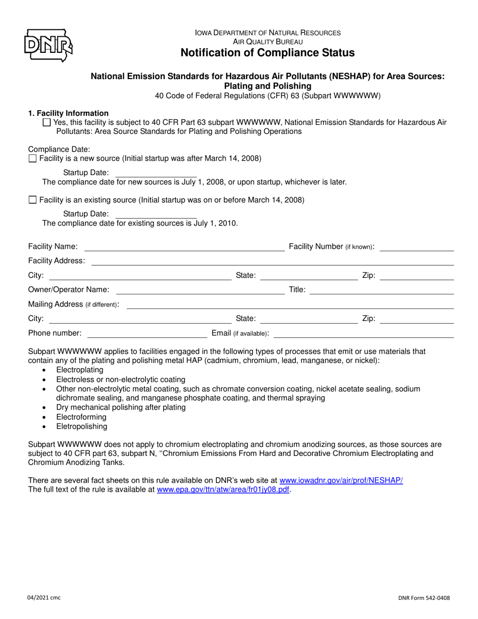 DNR Form 542-0408 Notification of Compliance Status - National Emission Standards for Hazardous Air Pollutants (Neshap) for Area Sources: Plating and Polishing - Iowa, Page 1