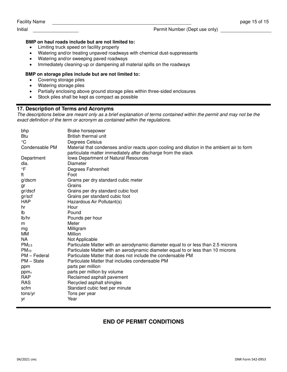 DNR Form 542-0953 Air Quality Construction Permit for a Hot Mix Asphalt Plant - Iowa, Page 15