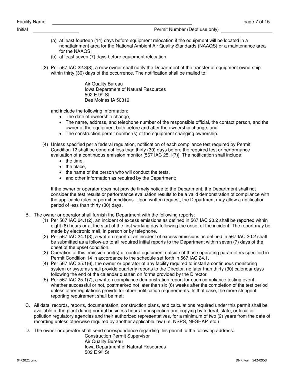 DNR Form 542-0953 Download Fillable PDF or Fill Online Air Quality ...