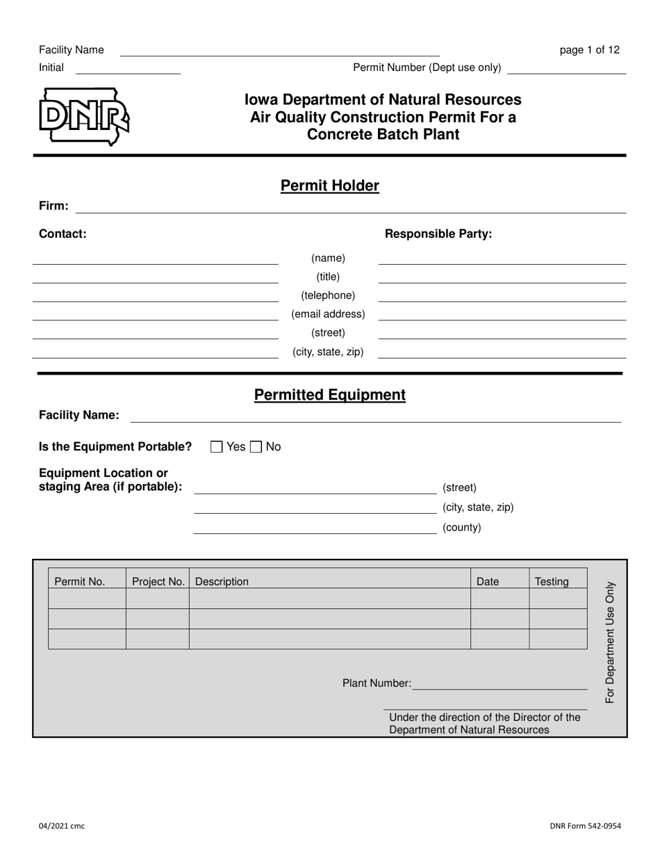 DNR Form 542-0954 Air Quality Construction Permit for a Concrete Batch Plant - Iowa, Page 1