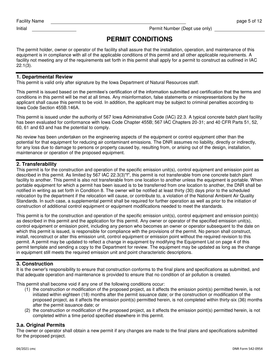 DNR Form 542-0954 Air Quality Construction Permit for a Concrete Batch Plant - Iowa, Page 5
