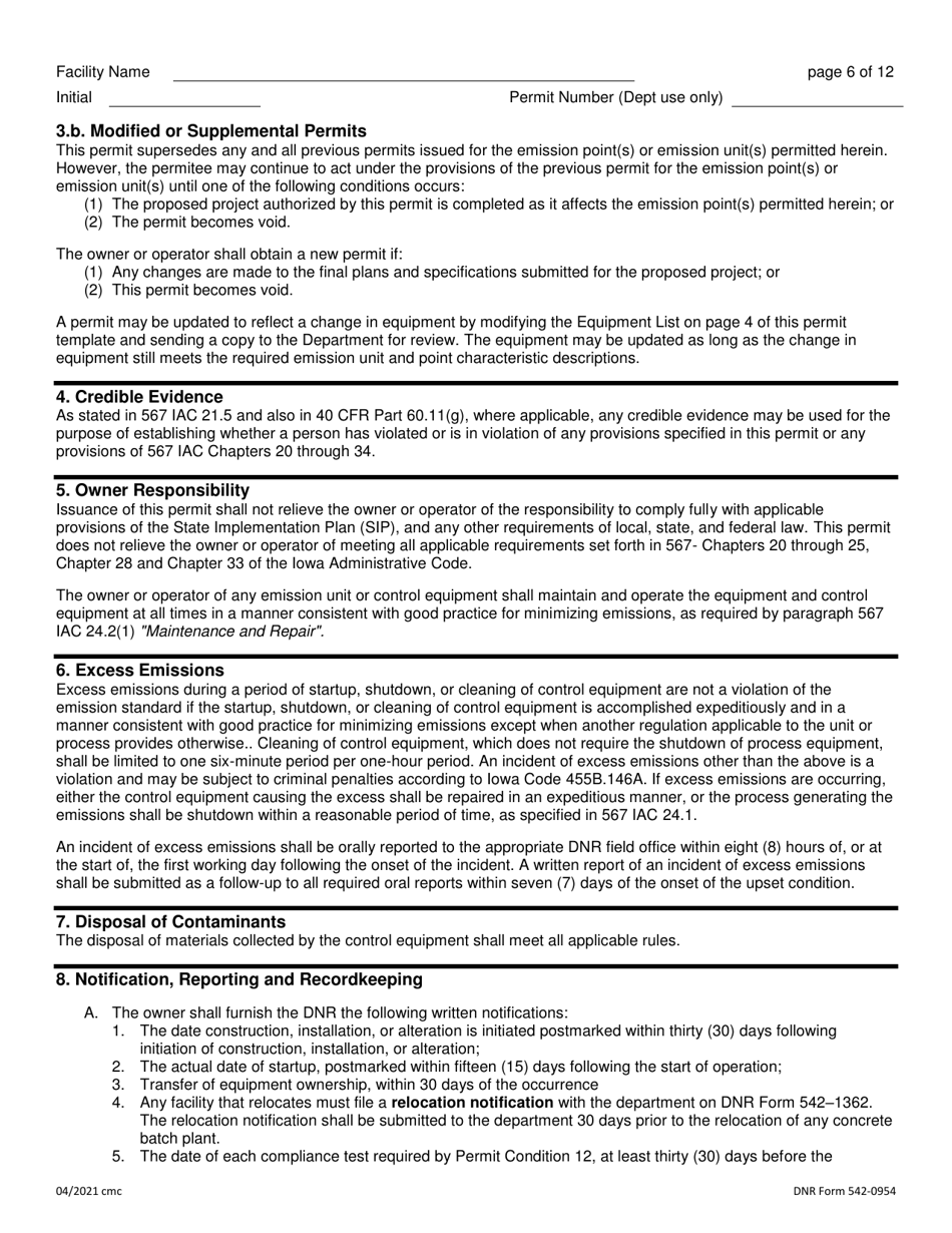 DNR Form 542-0954 Air Quality Construction Permit for a Concrete Batch Plant - Iowa, Page 6