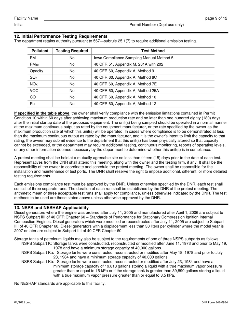 DNR Form 542-0954 Air Quality Construction Permit for a Concrete Batch Plant - Iowa, Page 9