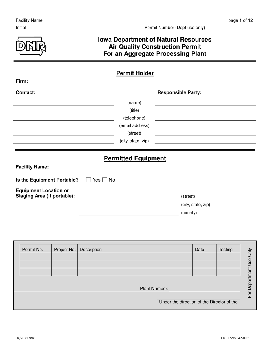 DNR Form 542-0955 Air Quality Construction Permit for an Aggregate Processing Plant - Iowa, Page 1