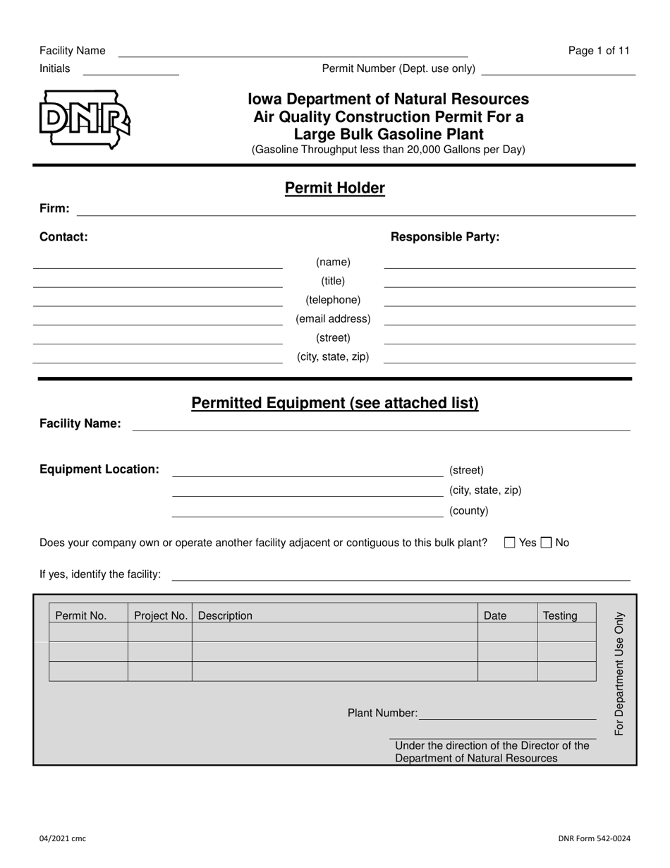DNR Form 542-0024 Air Quality Construction Permit for a Large Bulk Gasoline Plant - Iowa, Page 1