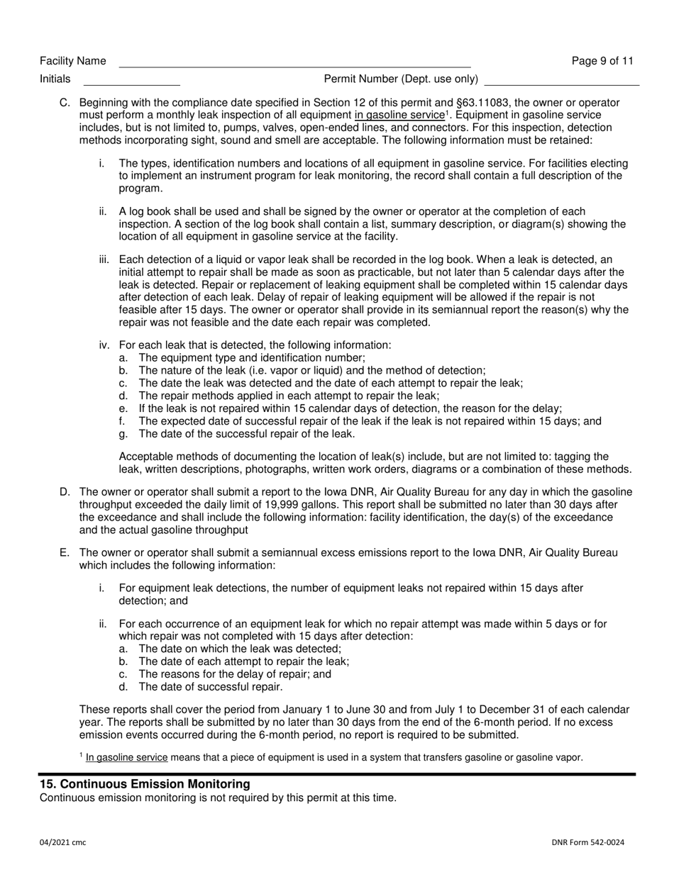 DNR Form 542-0024 Air Quality Construction Permit for a Large Bulk Gasoline Plant - Iowa, Page 9