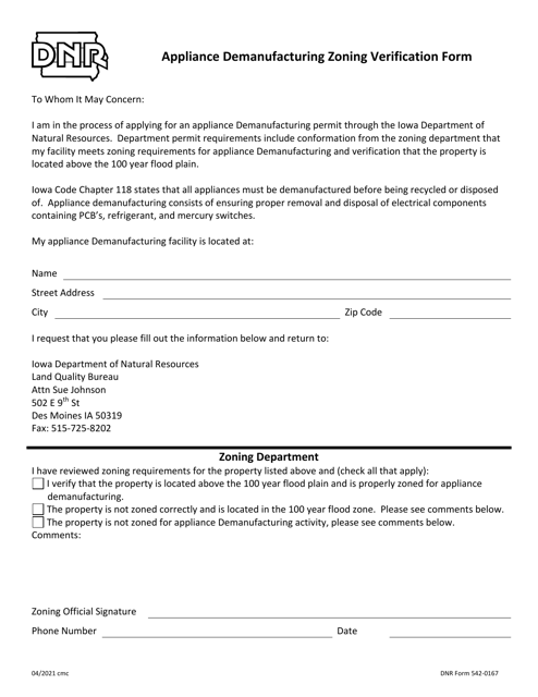 DNR Form 542-0167 Appliance Demanufacturing Zoning Verification Form - Iowa