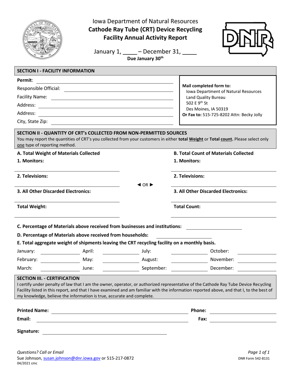 DNR Form 542-8131 Cathode Ray Tube (Crt) Device Recycling Facility Annual Activity Report - Iowa, Page 1