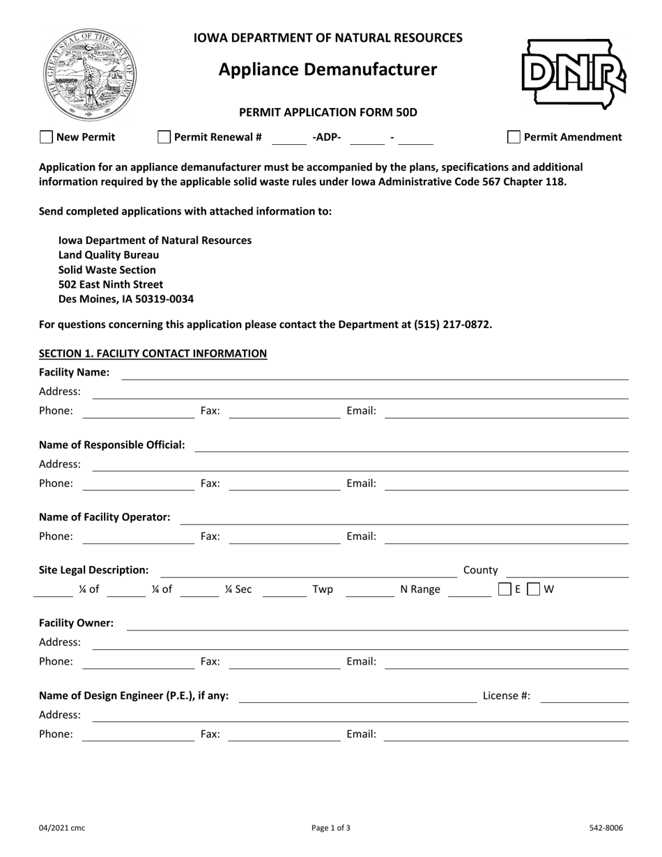 Form 50D (DNR Form 542-8006) Appliance Demanufacturer Permit Application - Iowa, Page 1