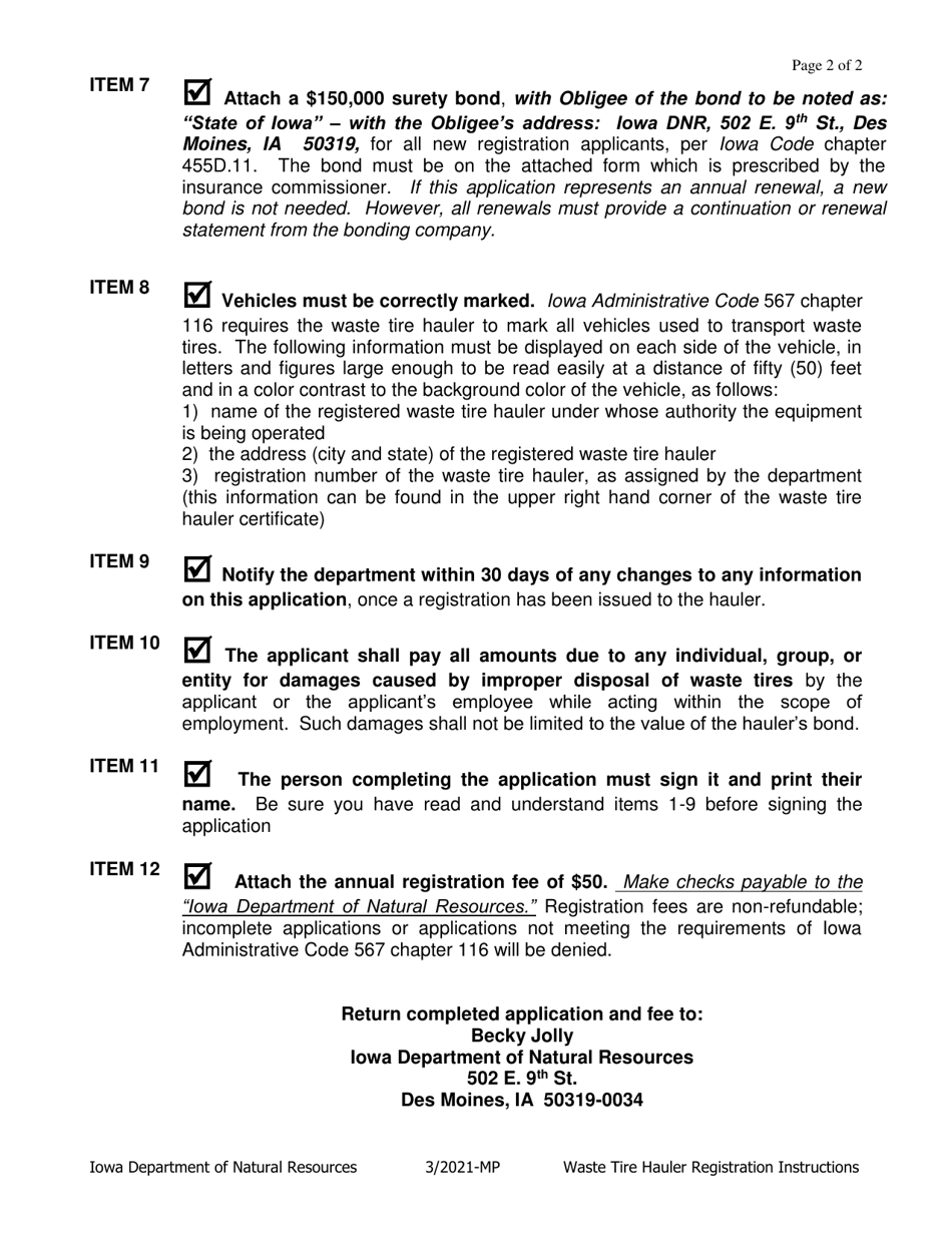 Instructions for DNR Form 542-8089 Waste Tire Hauler Registration Application / Renewal Form - Iowa, Page 2