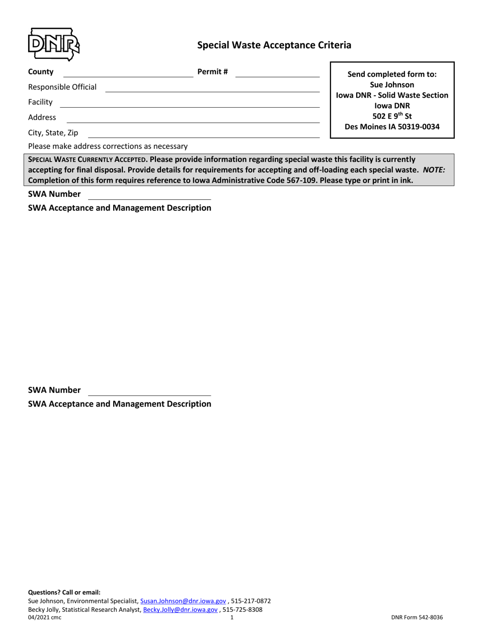 DNR Form 542-8036 Special Waste Acceptance Criteria - Iowa, Page 1