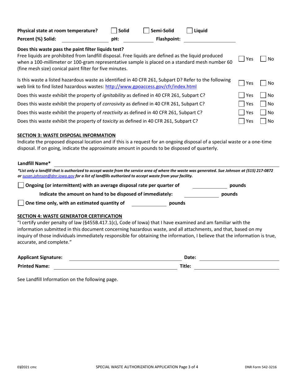 DNR Form 542-3216 Request for Special Waste Authorization - Iowa, Page 3