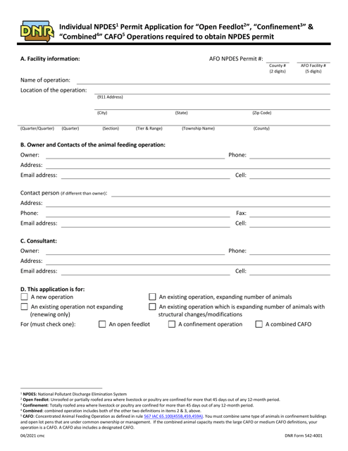 DNR Form 542-4001 Individual Npdes Permit Application for "open Feedlot", "confinement" & "combined" Cafo Operations Required to Obtain Npdes Permit - Iowa