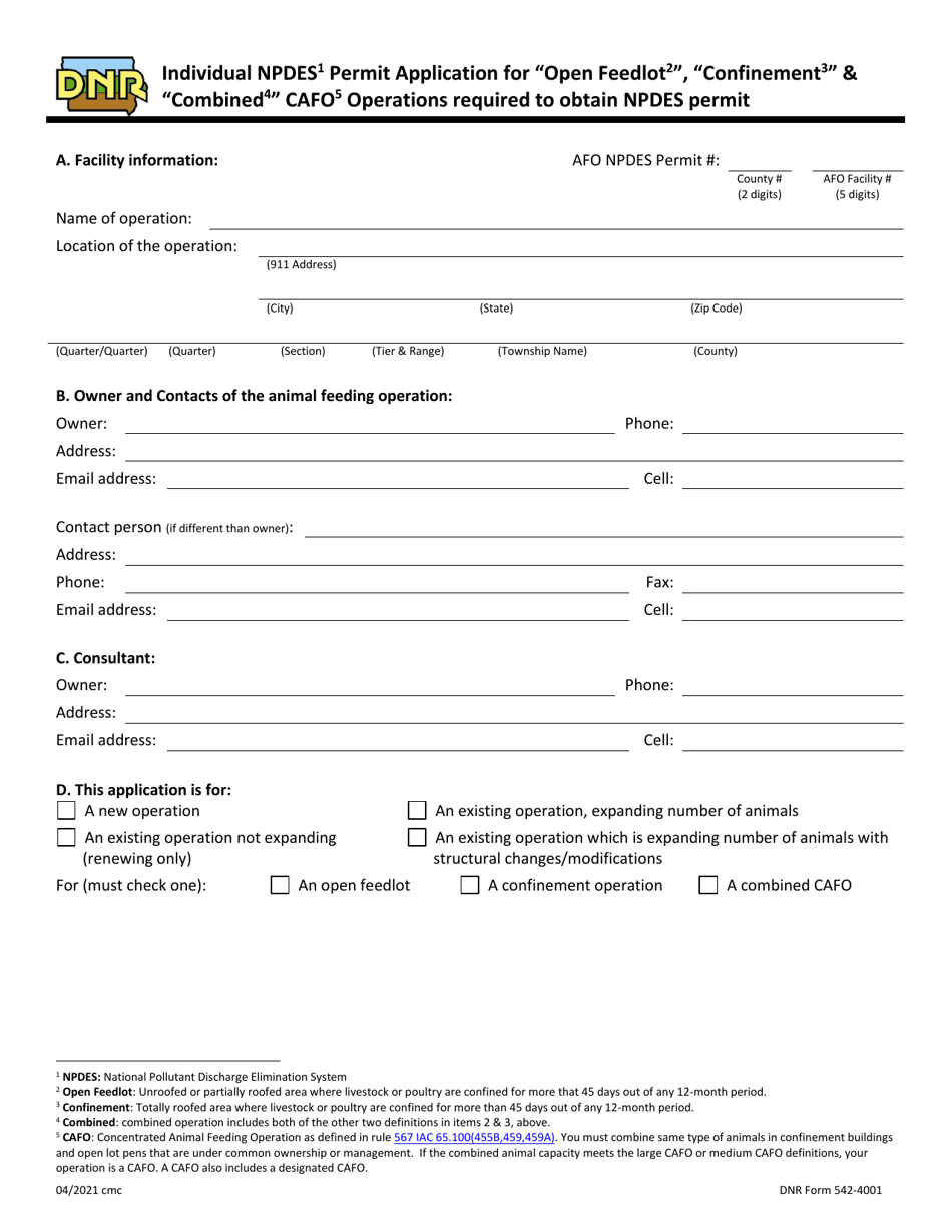 DNR Form 542-4001 Individual Npdes Permit Application for open Feedlot, confinement  combined Cafo Operations Required to Obtain Npdes Permit - Iowa, Page 1