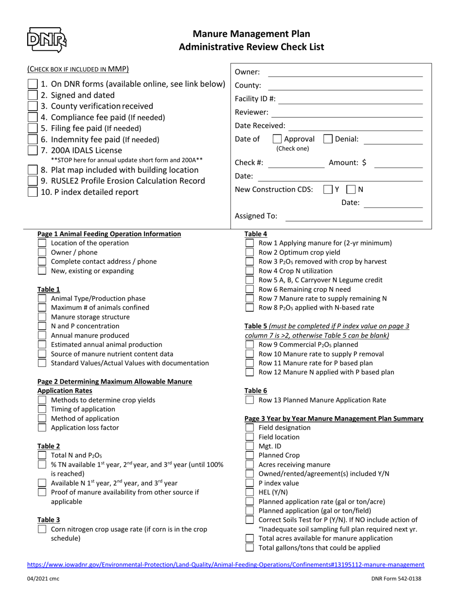 DNR Form 542-0138 Manure Management Plan Administrative Review Check List - Iowa, Page 1