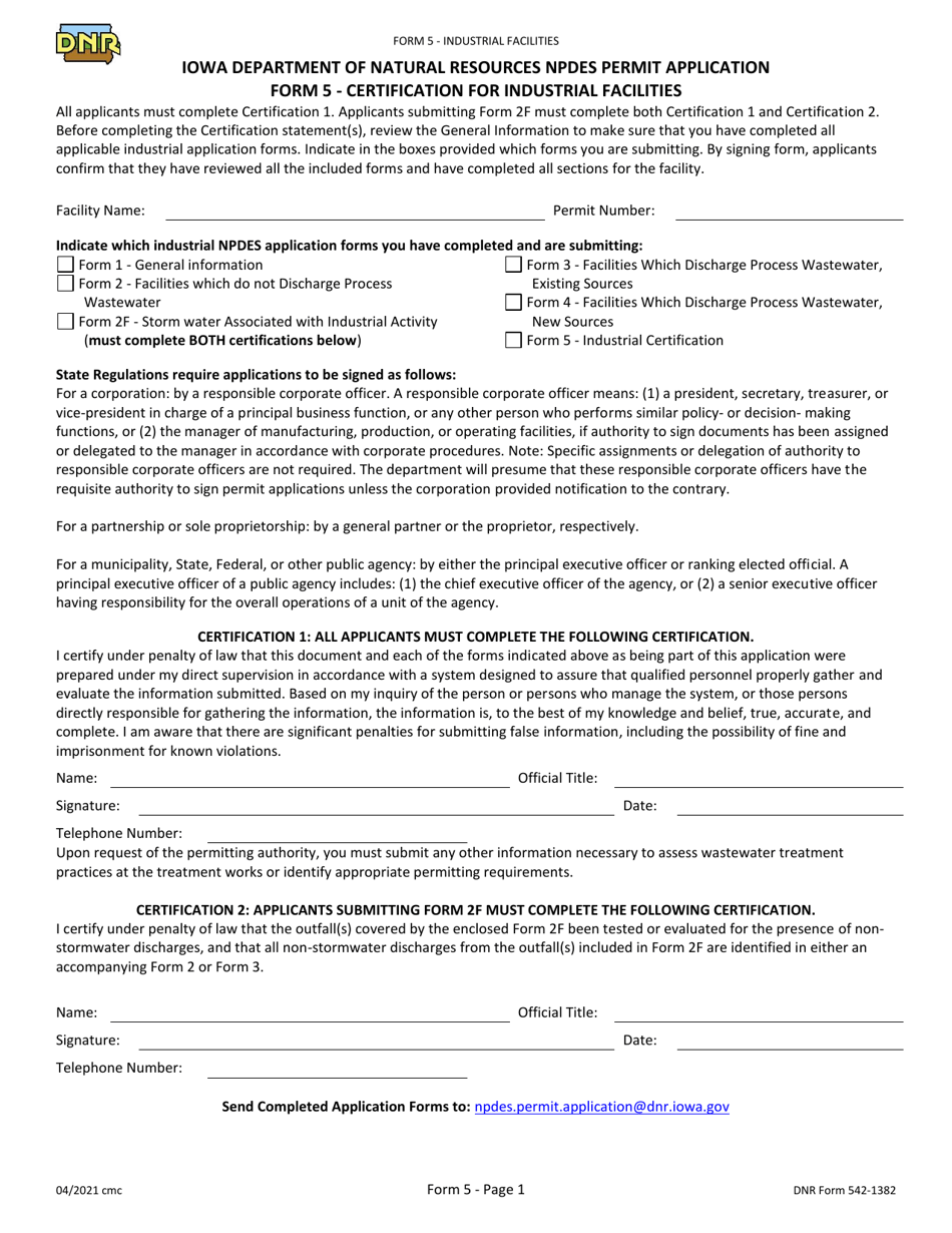 Form 5 (DNR Form 542-1382) Certification for Industrial Facilities - Iowa, Page 1