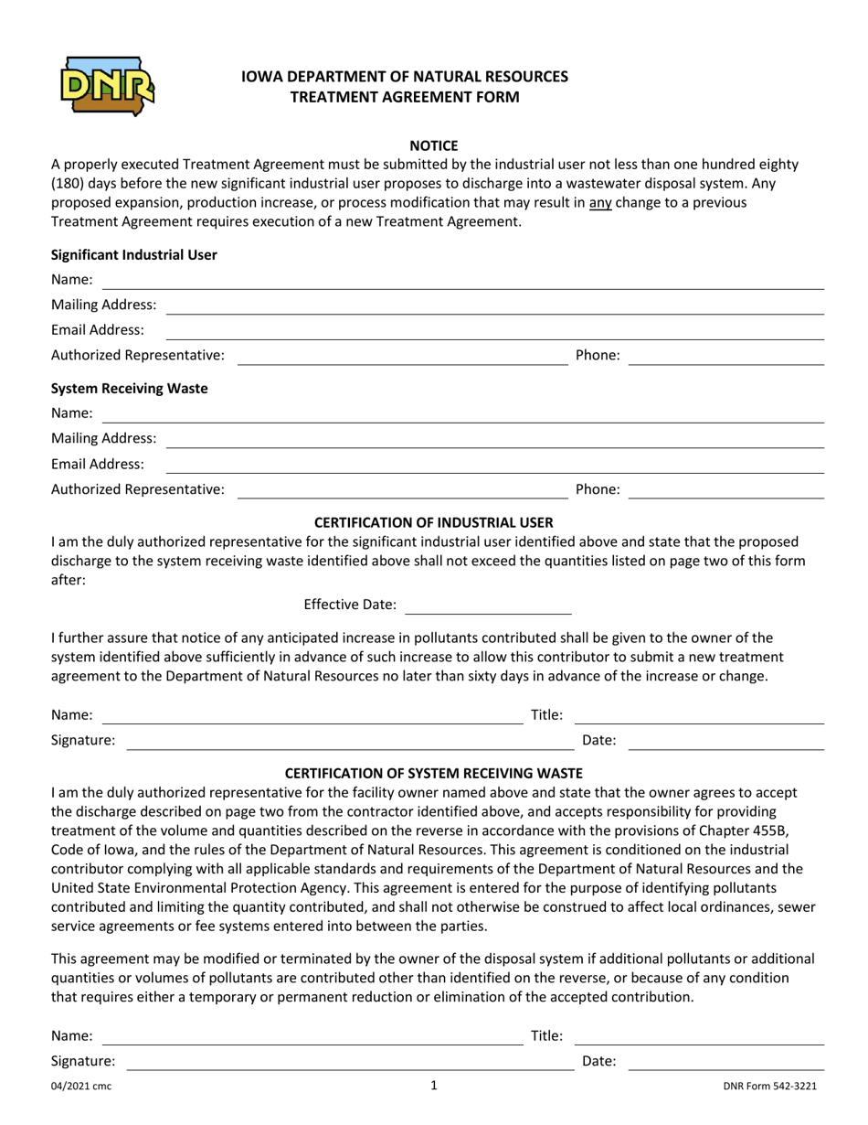 DNR Form 542-3221 Treatment Agreement Form - Iowa, Page 1