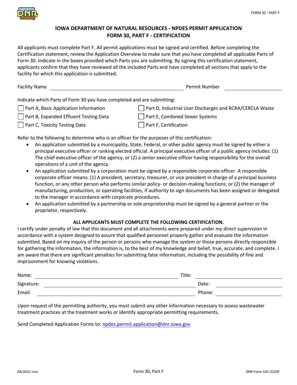 Form 30 (DNR Form 542-3220F) Part F Npdes Permit Application - Certification - Iowa, Page 1