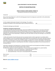 Document preview: DNR Form 542-8038 Notice of Discontinuation From Coverage Under General Permit #5 - Iowa