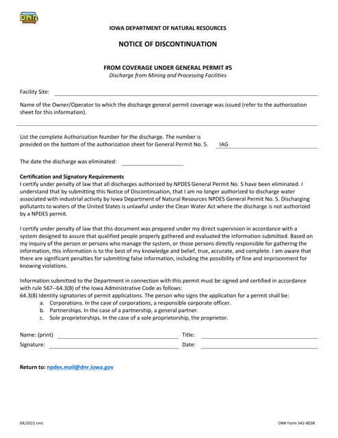 DNR Form 542-8038 Notice of Discontinuation From Coverage Under General Permit #5 - Iowa