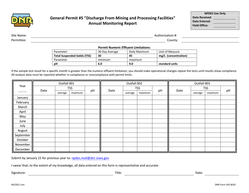 DNR Form 542-8035 General Permit 5 "discharge From Mining and Processing Facilities" Annual Monitoring Report - Iowa