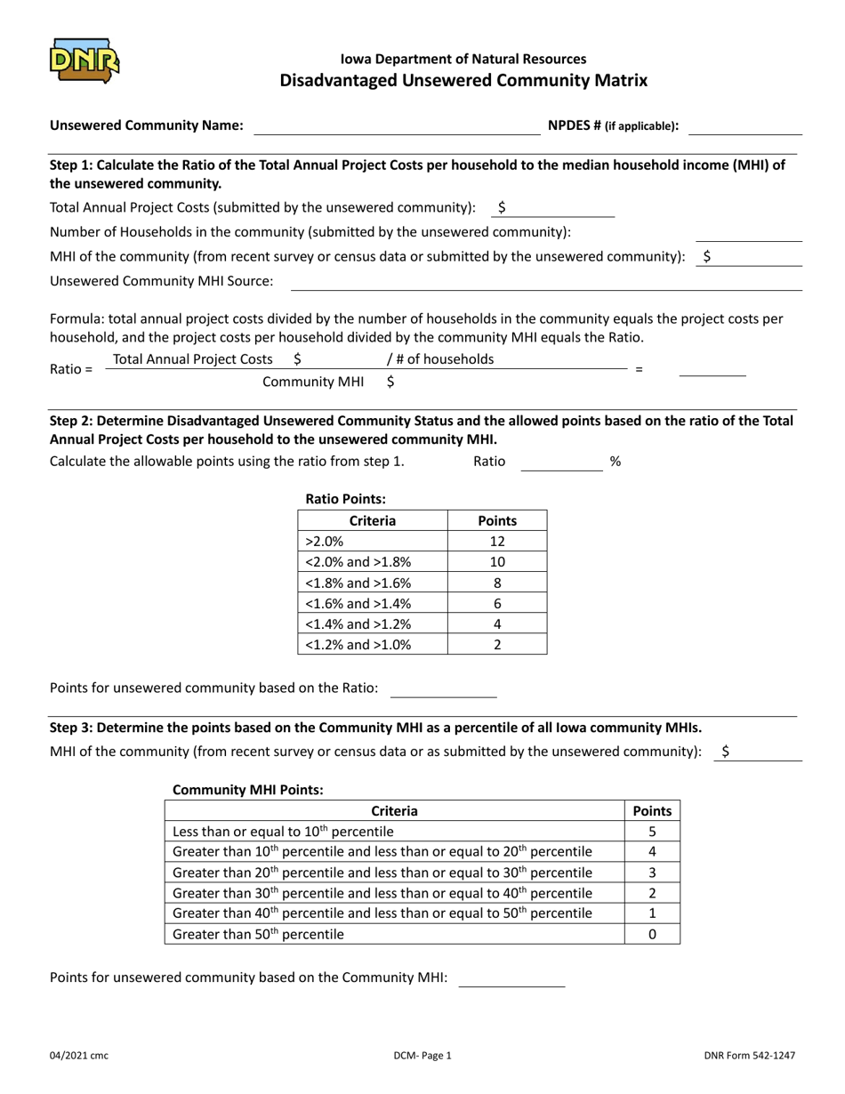 DNR Form 542-1247 Disadvantaged Unsewered Community Matrix - Iowa, Page 1